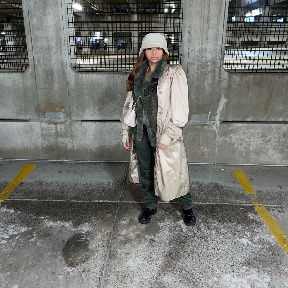 Tan trench coat, perfect for fall or spring